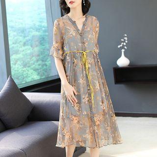 Flower Print Elbow-sleeve Tie-waist Silk Dress