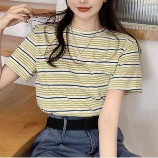 Short-sleeve Striped T-shirt Mustard Green - One Size