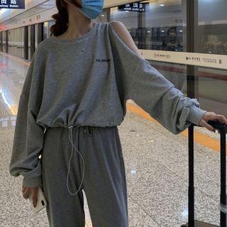 Letter-printed Tie-waist Sweater Gray - One Size