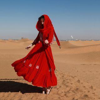 Set: Puff-sleeve Patterned Embroidered Midi A-line Dress + Scarf