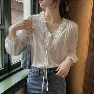 Long Sleeve Frilled Shirt White - One Size