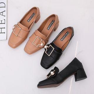 Faux Pearl Buckled Block Heel Loafers