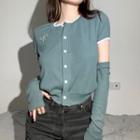 Set: Short-sleeve Button-up Knit Top + Arm Sleeves
