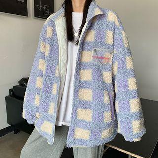 Applique Two-tone Plaid Fleece Lined Jacket Purple - One Size
