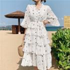 Star Printed Long-sleeve Midi Chiffon Dress