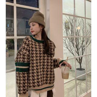 Houndstooth Loose-fit Sweater Green & Coffee - One Size