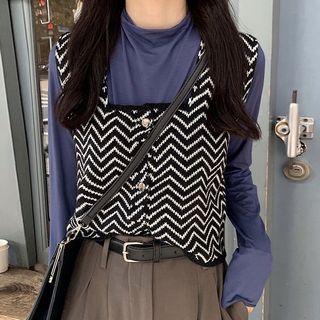 Mock-neck Long-sleeve Top / Square-neck Knit Vest