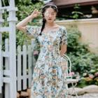 Printed Short-sleeve Square-neck Midi A-line Dress