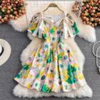 Short-sleeve Tie-shoulder Floral Mini A-line Dress