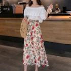 Off-shoulder Top / Flower Print A-line Midi Skirt