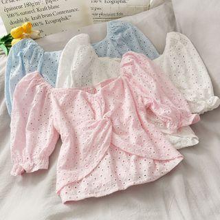 Eyelet Wide-neck Knotted Crop Top