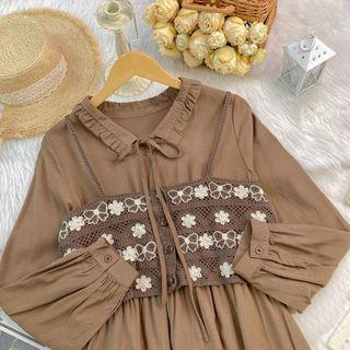 Set: Long-sleeve Midi A-line Dress + Ribbon Embroidered Camisole Top