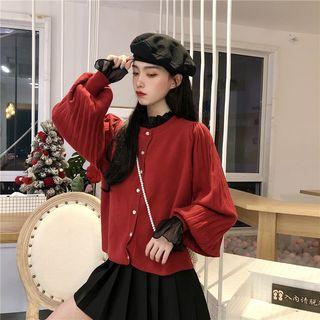 Ribbed Cardigan / Long-sleeve Chiffon Top