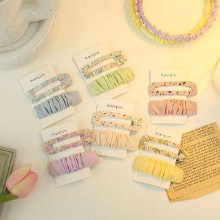 Set Of 2 : Floral Print Fabric Hair Clip + Plain Shirred Hair Clip