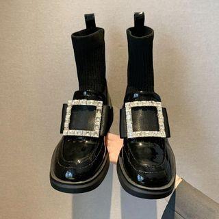 Rhinestone Buckle Panel Platform Short Boots