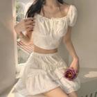 Set: Puff-sleeve Top + Layered Mini A-line Skirt