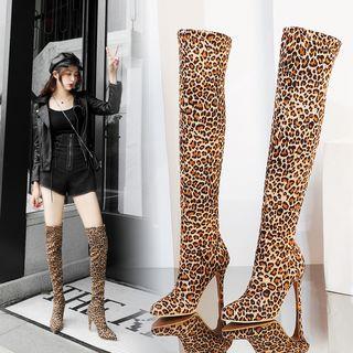 Leopard Print Kitten-heel Over-the-knee Boots