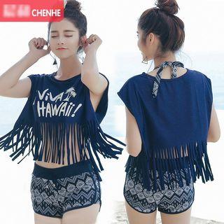 Set : Floral Print Bikini + Fringed Cover-up + Swim Shorts