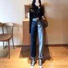 Long-sleeve Top / Two Tone Straight-fit Jeans / Set