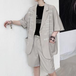 Set: Elbow-sleeve Lettering Single-breasted Blazer + Dress Shorts