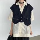 Elbow-sleeve Shirt / Cropped Asymmetric Vest / A-line Midi Skirt