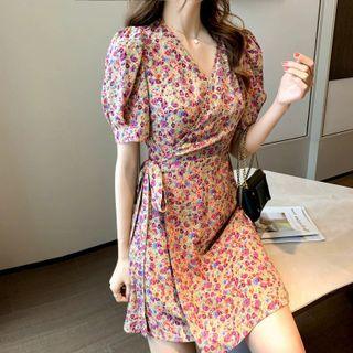 Puff Sleeve V-neck Floral Print Wrap Dress