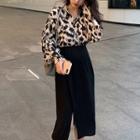 Puff-sleeve Leopard Print Blouse / Midi A-line Skirt / Set