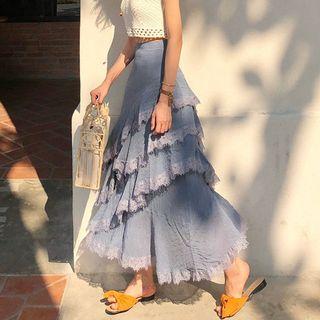 Lace Trim Tiered A-line Midi Skirt