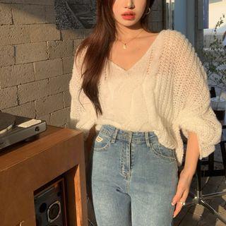 Long-sleeve V-neck Pointelle Knit Top