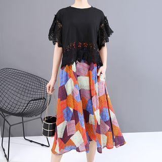 Mock Two-piece Lace Short-sleeve Panel Midi A-line Dress As Shown In Figure - One Size