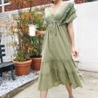 Tassel-trim Tiered Dress Khaki - One Size