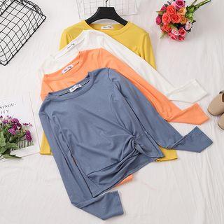 Plain Long-sleeve Knotted T-shirt
