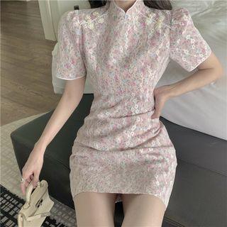 Stand-collar Lace Floral Dress