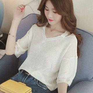 Distressed 3/4-sleeve Knit Top