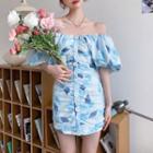 Puff-sleeve Off-shoulder Print Mini Bodycon Dress