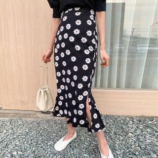 Puff-sleeve Plain Top / Slim Fit Floral Printed Skirt