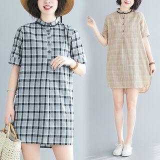 Short-sleeve Plaid Stand Collar Mini Shift Dress