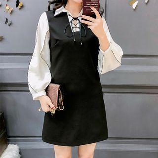 Lace-up Long-sleeve Mock Two-piece Dress