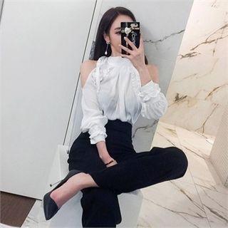 Stand-collar Cutout-shoulder Frilled Blouse