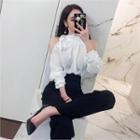 Stand-collar Cutout-shoulder Frilled Blouse