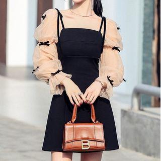 Puff-sleeve Bow Mesh Panel Mini Dress