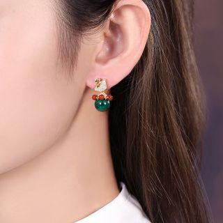 Bead Drop Ear Stud 1 Pair - Gold & Brown & Green - One Size