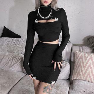 Long Sleeve High Neck Crop Top + Sheath Skirt