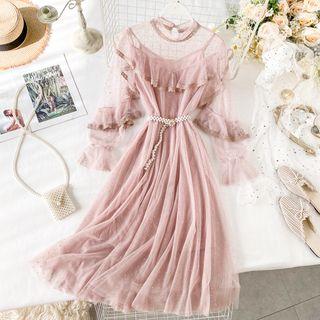 Balloon-sleeve Dotted Midi A-line Mesh Dress