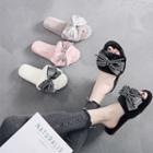 Lettering Bow Accent Furry Slide Sandals