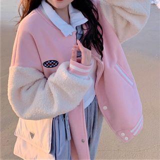 Faux Shearling Panel Baseball Jacket