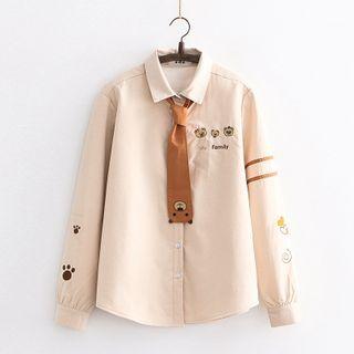 Bear Embroidery Tie-neck Shirt