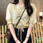 Checked Drawstring Elbow-sleeve Blouse