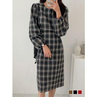 Balloon-sleeve Tie-waist Midi Plaid Dress