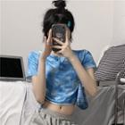 Short-sleeve Tie-dyed Crop T-shirt Blue - One Size
